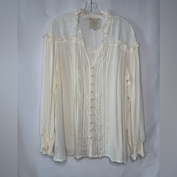 Johnny Was Cream Pleated Ruffled Blouse - Size L - Like New - Picture 2 of 9